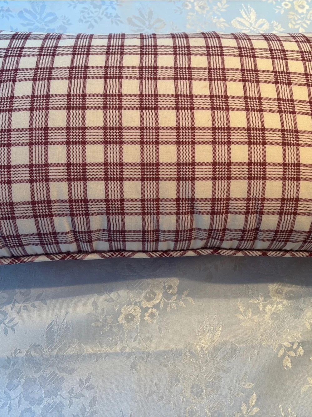 Waverly Lumbar Rectangle Pillow Burgandy Cream Plaid 22” x 11” With Buttons